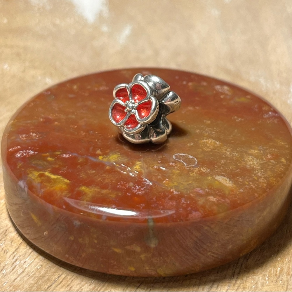 Pandora Red Poppy Sterling Silver Flower Bead Charm RARE - Picture 5 of 12